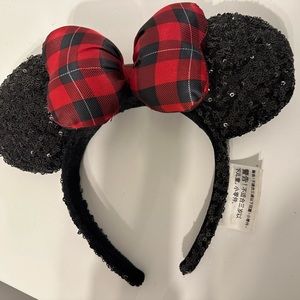 Minnie Mouse Adult Ear Headband - Black Sequin Red Plaid Satin Bow